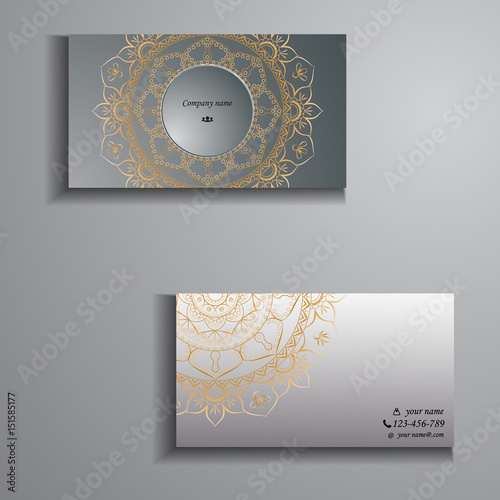 visiting card and business card big set. Floral mandala pattern and ornaments. Oriental design Layout, ottoman motifs. Front page and back page.