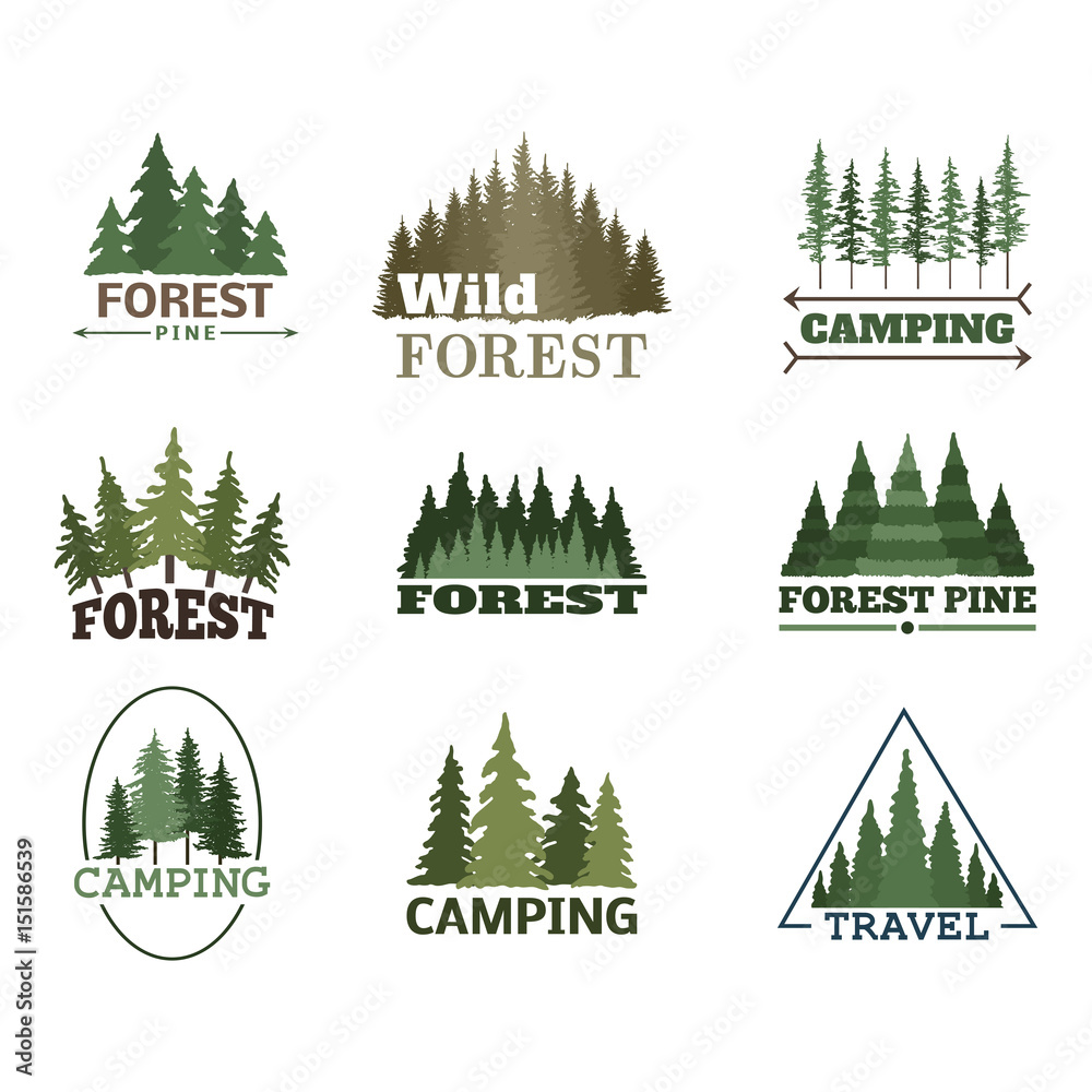 Tree outdoor travel green silhouette forest badge coniferous natural logo badge tops pine spruce vector.