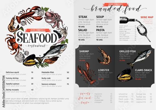 Vector hand drawn seafood menu template. colored Lobster, salmon, crab, shrimp, octopus, squid, clams.Engraved art.