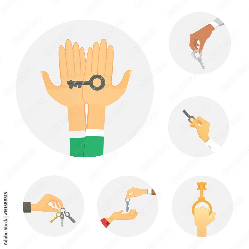 Obraz premium Hands holding key apartment selling human gesture sign security house concept vector illustration.