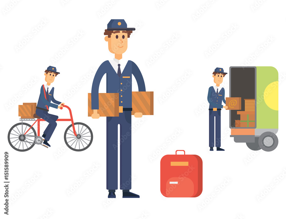 Postman delivery man character vector courier occupation carrier cute male package transportation.