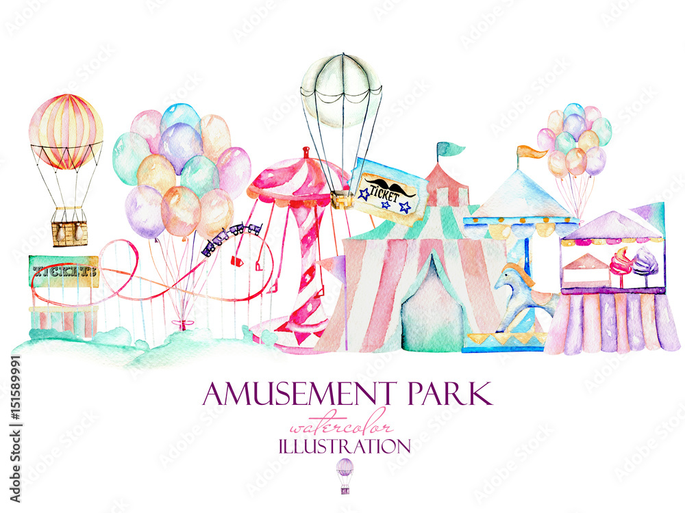 Illustration with watercolor elements of amusement park, hand drawn isolated on a white background, decor print, can be used for the logo, symbol, mark