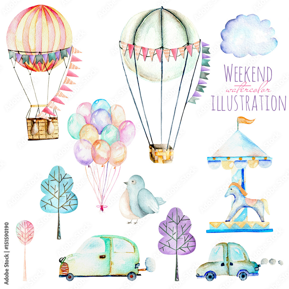 Illustration set with watercolor elements of weekend time and amusement park, hand drawn isolated on a white background, carousels, aerostats, air balloons and other Illustration set with watercolor elements of weekend time and amusement park, hand drawn isolated on a white background, carousels, aerostats, air balloons and other