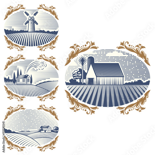 Retro landscapes vector illustration farm house agriculture graphic countryside scenic antique drawing.