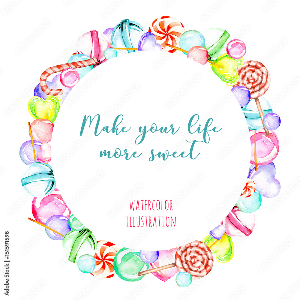 Wreath, circle frame with watercolor candies and lollipop, hand drawn isolated on a white background Wreath, circle frame with watercolor candies and lollipop, hand drawn isolated on a white background