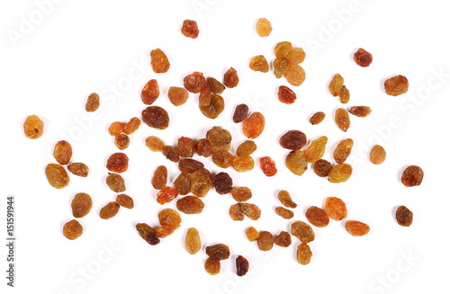Pile of raisins isolated on white background, top view