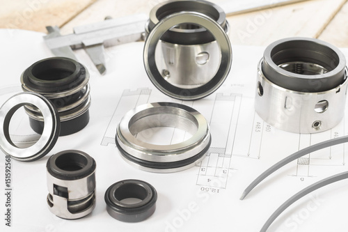 Set Mechanical Seals for prevent liquid leak for the industry with drawings on table working.