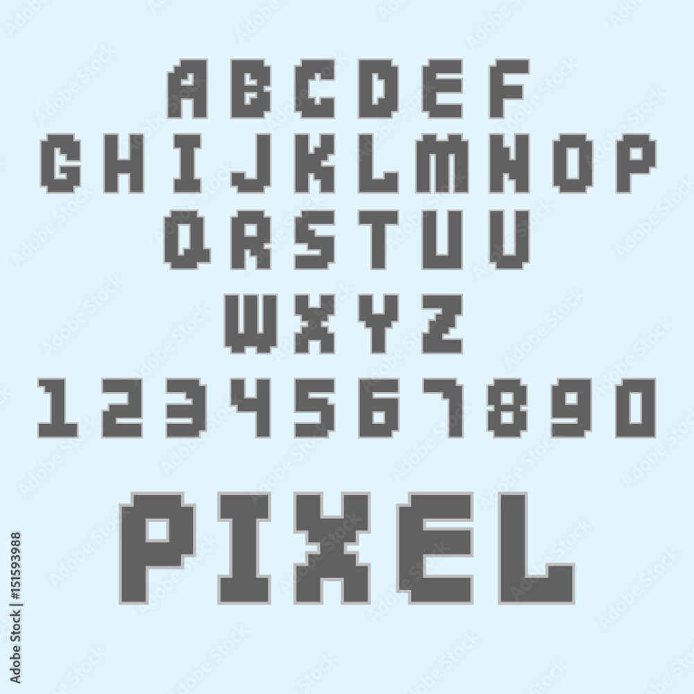 Pixel retro font video computer game design 8 bit letters numbers electronic futuristic style vector abc typeface digital creative alphabet isolated Pixel retro font video computer game design 8 bit letters numbers electronic futuristic style vector abc typeface digital creative alphabet isolated