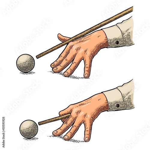 Male hand in a shirt is aimed cue the ball.