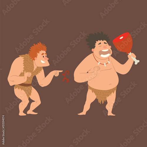 Caveman primitive stone age cartoon neanderthal people character evolution vector illustration.