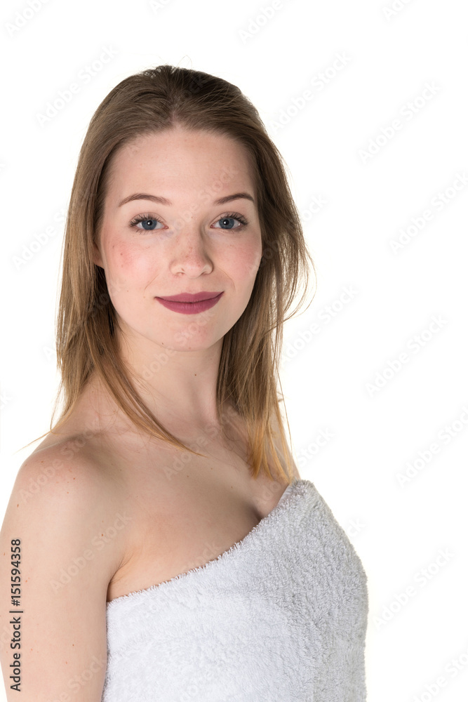 Young beautiful, pretty girl with towel. Ready for massage and skin cosmetic treatment. Studio portrait shot. Pure white background Young beautiful, pretty girl with towel. Ready for massage and skin cosmetic treatment. Studio portrait shot. Pure white background