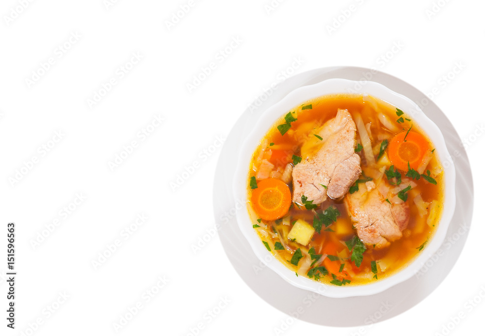 Cabbage soup with meat. top view. isolated on white Cabbage soup with meat. top view. isolated on white