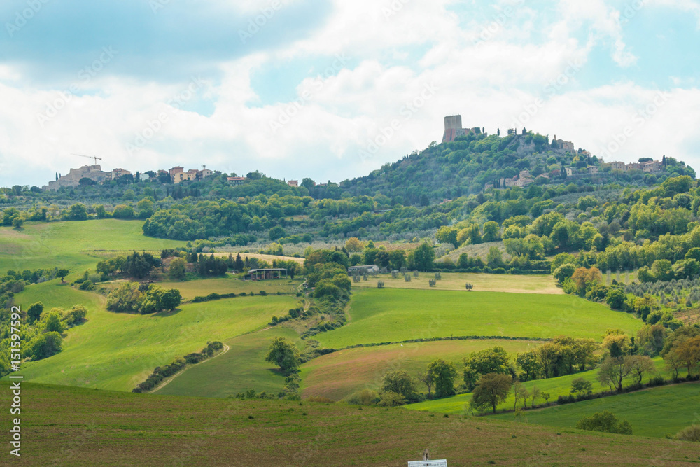 Landscape of tuscan countryside and Castiglione d'Orcia fortress