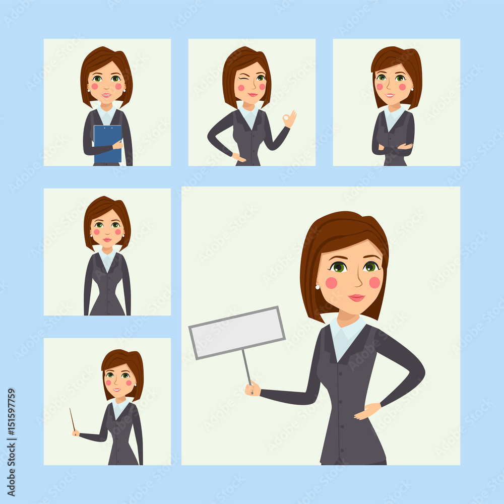 Vector business woman character silhouette standing adult office career posing young girl. Vector business woman character silhouette standing adult office career posing young girl.
