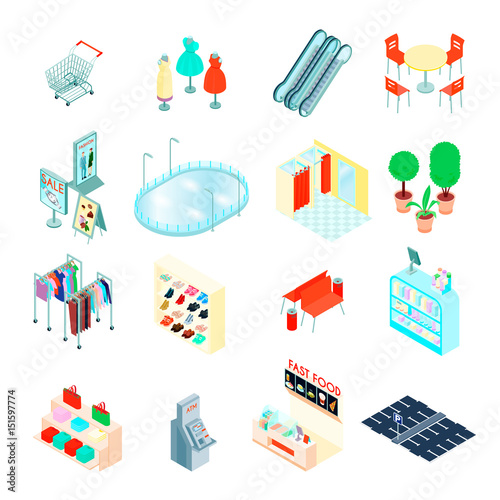 Shopping Mall Isometric Icons Set 