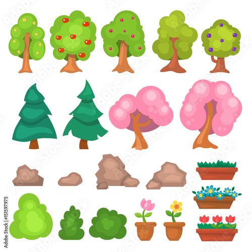 Flowers grass big and small garden trees and flowers game park elements vecto...