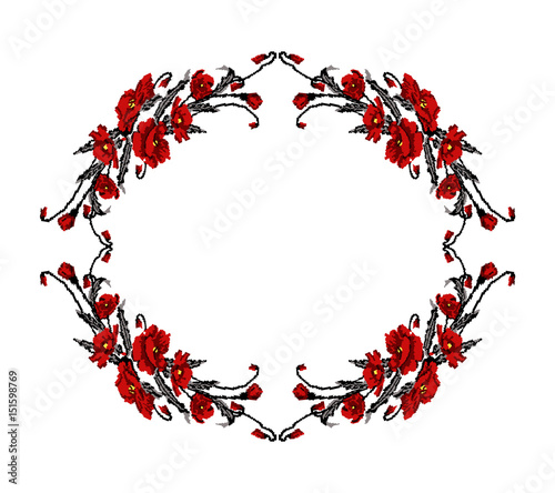 Color bouquet of flowers (poppies) red and black tones. Ukrainian embroidery elements. Circle pattern. Wreath. Can be used as pixel-art frame.