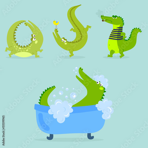 Cartoon green crocodile funny predator australian wildlife river reptile alligator flat vector illustration.