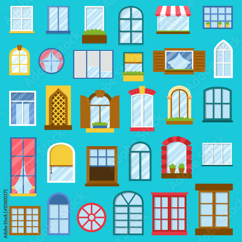 Different house opened windows vector elements collection isolated illustration