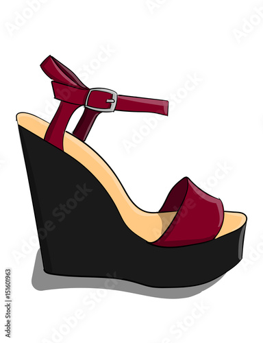 Sandals with purple buckles on a gray high platform stand on white background eps 10 illustration