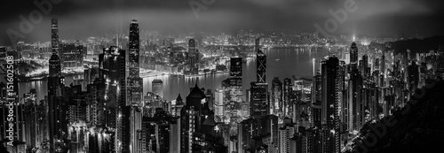 Black and white panorama of evening hong kong