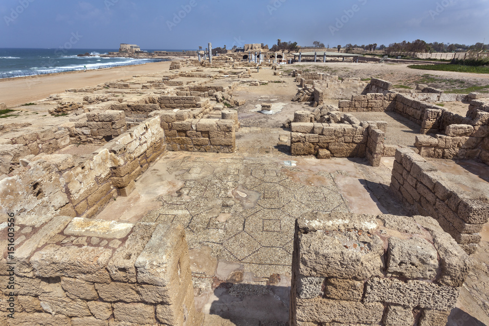 Roman ruins with mosaic in Caesarea Maritima