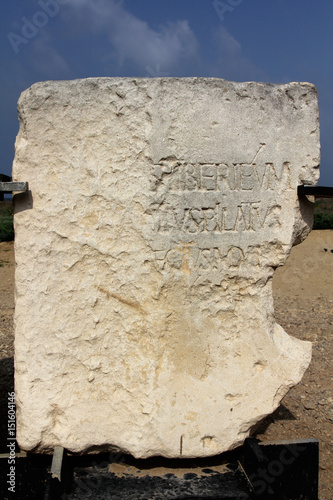 Canvas Print Stone monument with mention of Pontius Pilate near Herod's palace in Caesarea Ma