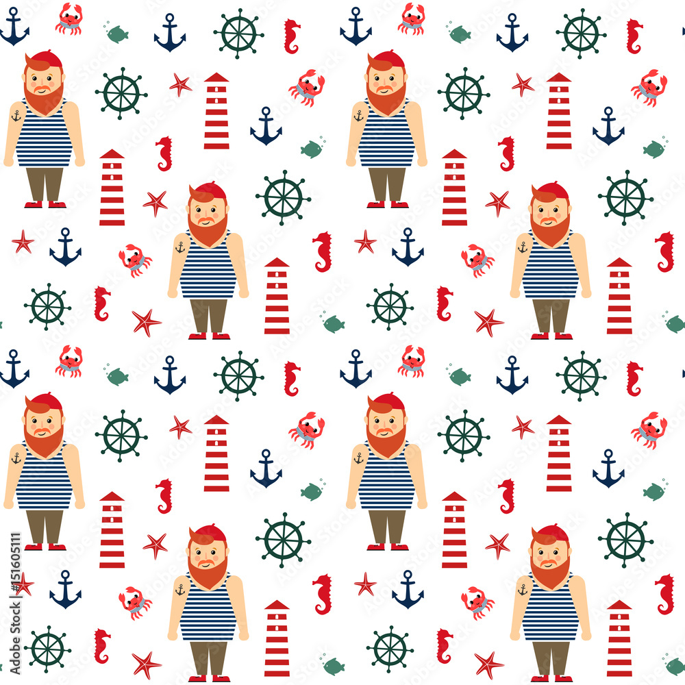 Navy vector seamless sea pattern bearded sailor, lighthouse, fish