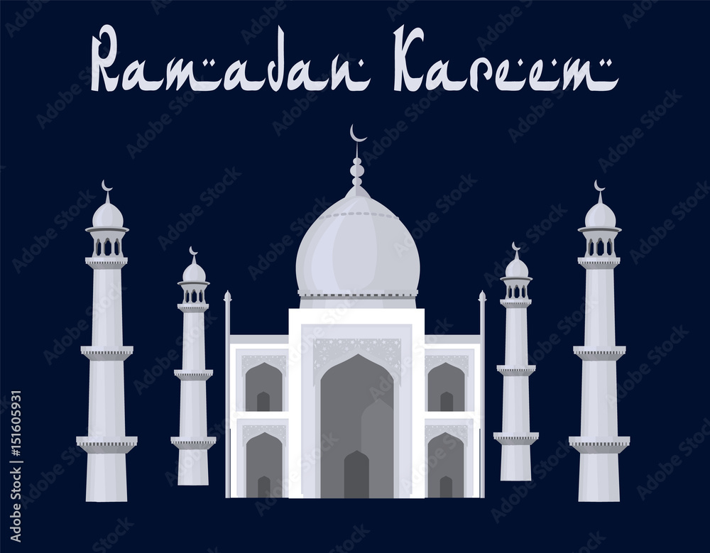 The building is painted in the style of the Taj Mahal temple. Ramadan Kareem. Black and white graphics with halftones. illustration