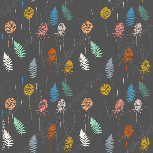 Vector floral seamless pattern  with  lavender and clover flowers, ferns and ...