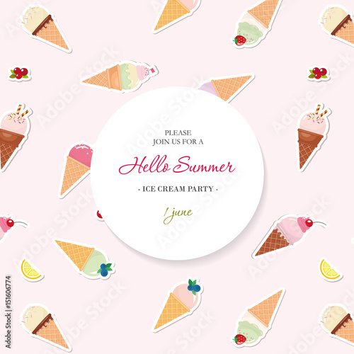 Hello summer background. Pattern with ice cream cones added in swatches.