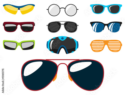 Fashion set sunglasses accessory sun spectacles plastic frame modern eyeglasses vector illustration.