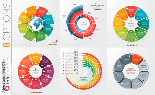 Collection of 6 vector circle chart templates 8 options.