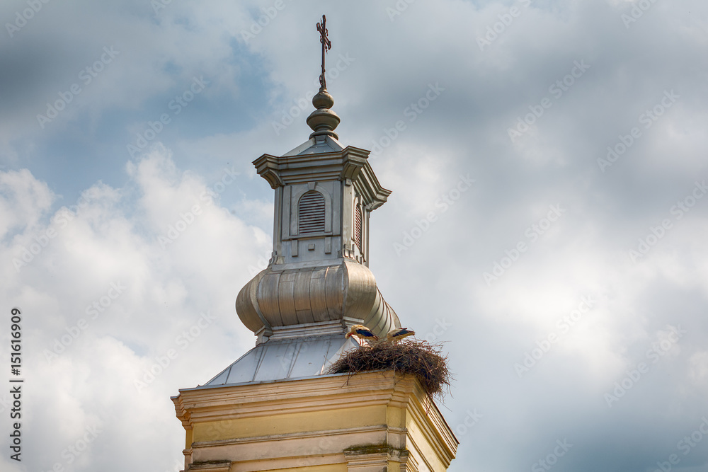 Naklejka premium Stork Nest on Church Rooftop