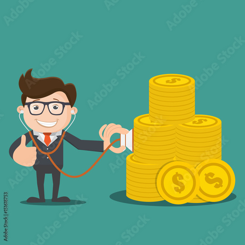 Businessman using stethoscope to check money health - vector illustration