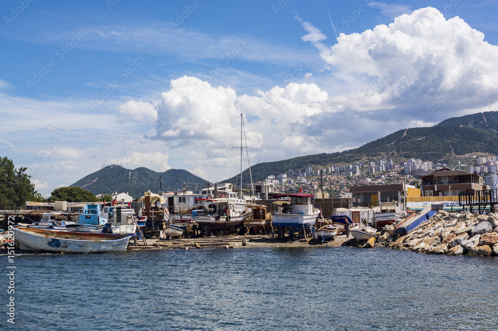 Naklejka premium Sea, Marina, Fishing Boats, Clouds