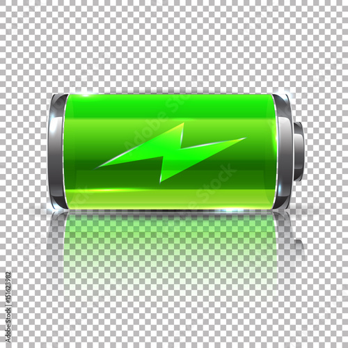 Vector Green battery, full charge. Glass realistic power battery illustration on transparent background.