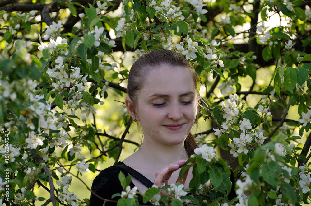 Young woman among the blooming branches of an apple tree, spring Young woman among the blooming branches of an apple tree, spring
