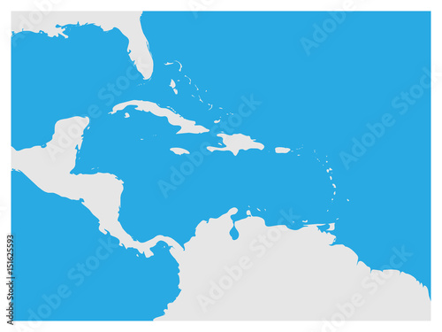 Map of Caribbean region and Central America. Grey land silhouette and blue water background. Simple flat vector illustration.