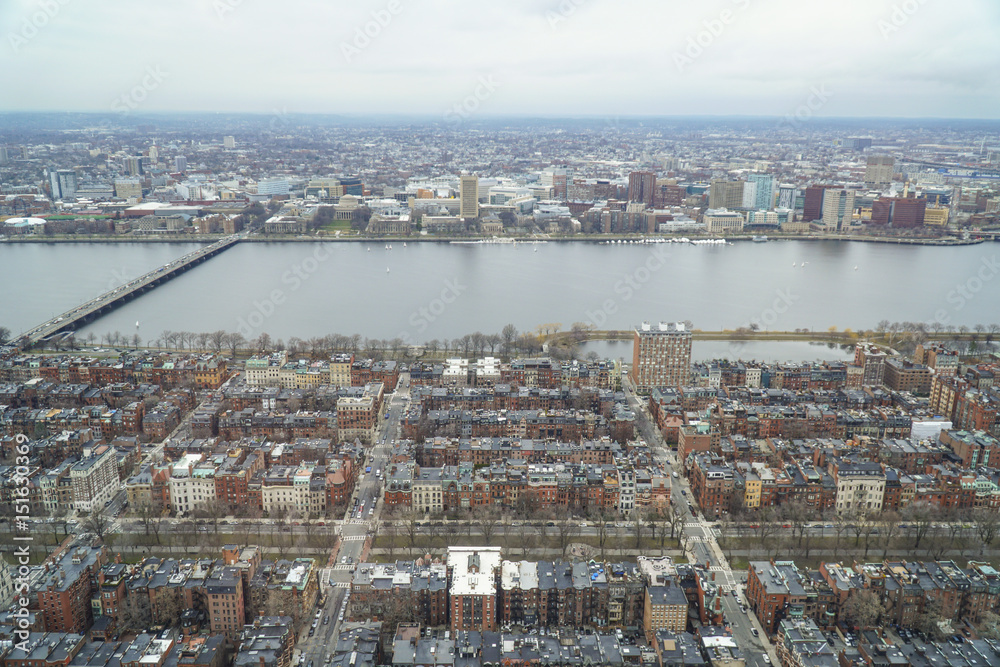 Aerial view over Boston and Charles River - BOSTON , MASSACHUSETTS - APRIL 3, 2017