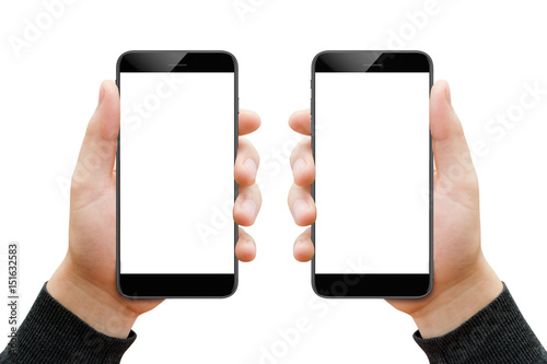 Two male hands with smartphones isolated on white background