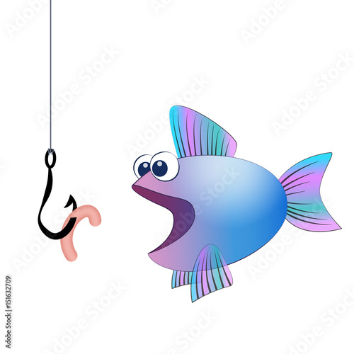 Fish hook with angling worm and a hungry fish - isolated vector comic illustration on white background.