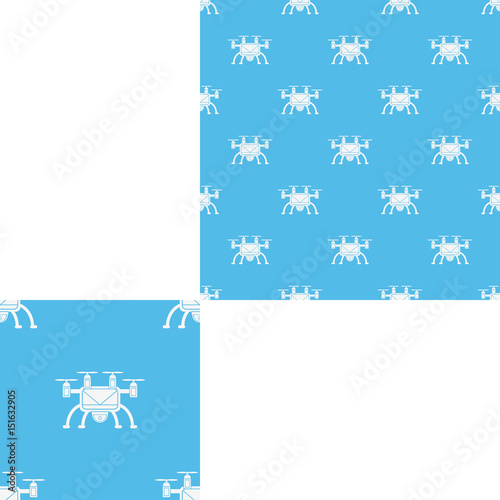Seamless isolated pattern of white drones on the blue background with pattern unit.