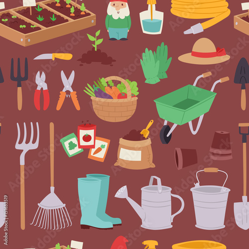 Gardening icon set agriculture design spring nature environment ecology tool garden vector seamless pattern