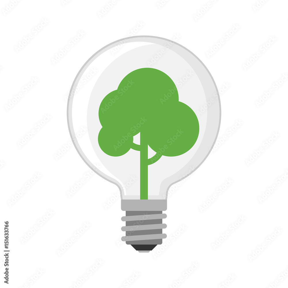Cartoon lamp green light bulb design flat vector illustration electric green tree solution concept.