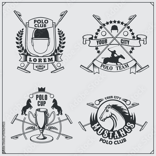 Set of vintage horse polo club labels, emblems, badges and design elements.