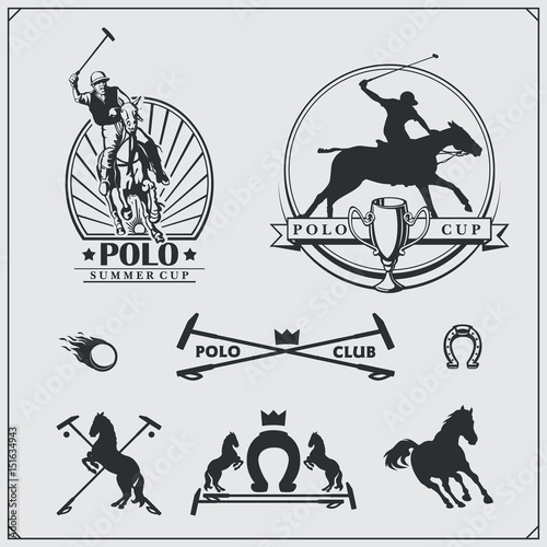 Set of vintage horse polo club labels, emblems, badges and design elements.