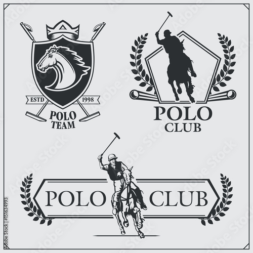 Set of vintage horse polo club labels, emblems, badges and design elements.