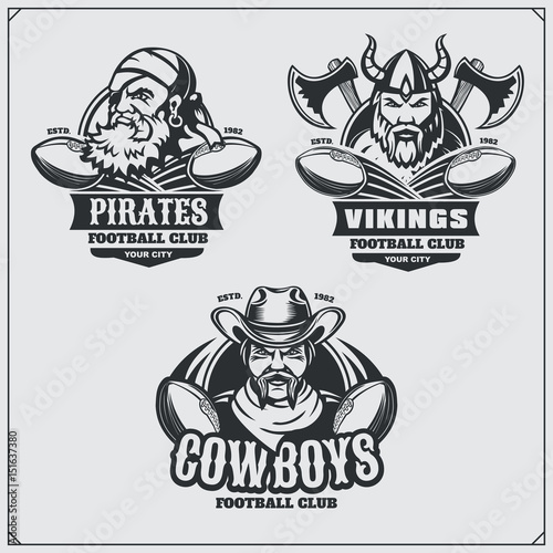 Football badges, labels and design elements. Sport club emblems with pirate,cowboy and viking.
