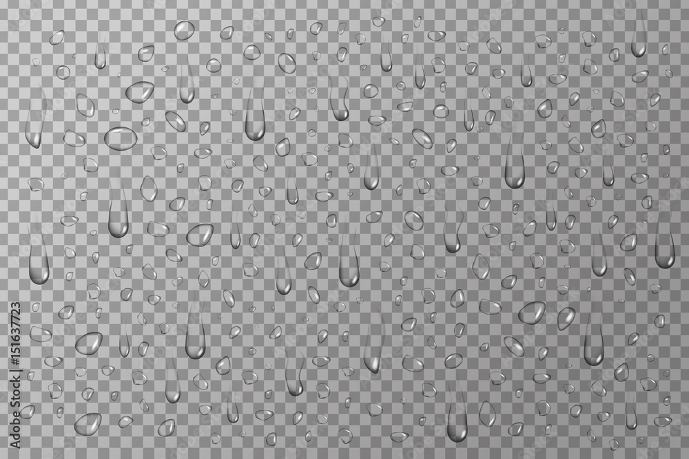 Vector set of realistic isolated water drops on the transparent background.